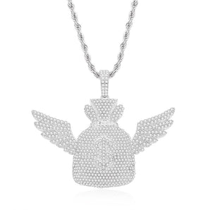 925 Sterling Silver Created Diamond Wallet With Wings Pendant Necklace 1