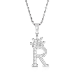 925 Sterling Silver Created CZ Hip Hop Micro Pave The Letter R Pendant Necklace 1