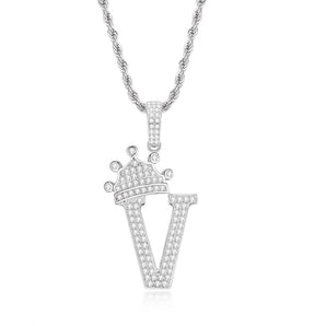 925 Sterling Silver Created CZ Hip Hop Micro Pave The Letter V Pendant Necklace 1