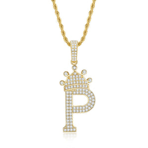 925 Sterling Silver The Letter P Created Diamond Crown Hip Hop Rope Chain Pendant Necklace 23.62'' 2