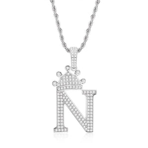 925 Sterling Silver The Letter N Created CZ Crown Hip Hop Rope Chain Pendant Necklace 1