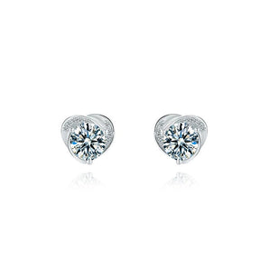 925 Sterling Silver Classic Round Cut Cubic Zirconia Heart-shaped Stud Earrings 1