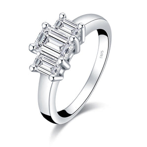 925 Sterling Silver Three Stone Emerald Cut Moissanite Ring 1