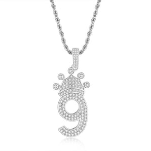 925 Sterling Silver Number 9 Crown Created Diamond Pendant Necklace 1