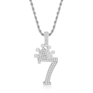 925 Sterling Silver Number 7 Crown Created CZ Pendant Necklace 1