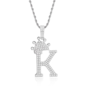 925 Sterling Silver Iced Out Letter K Initial Pendant Rope Chain Necklace 1