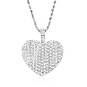 925 Sterling Silver Created Heart Shaped Rope Chain Hip Hop Pendant Necklace 1