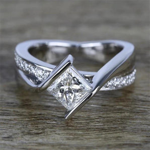 925 Sterling Silver Princess Cut CZ Twist Halo Ring 1