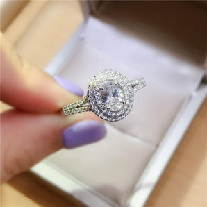 925 Sterling Silver Oval Cut Created CZ Double Halo Ring 2