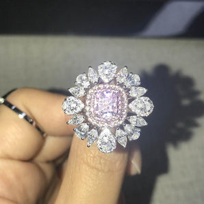 925 Sterling Silver Two-Tone 1.0ct Radiant Cut Pink Created Diamond Luxury Flower Ring 2