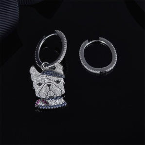 925 Sterling Silver Doggy Dog Created Diamond Asymmetric Hoop Earrings 2